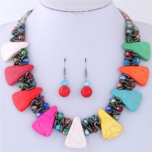 Turquiose and Crystal Combo Design Chunky Fashion Statement Necklace and Earrings Set - Multicolor
