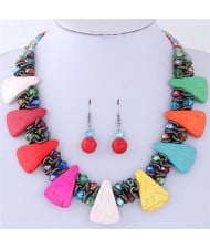 Turquiose and Crystal Combo Design Chunky Fashion Statement Necklace and Earrings Set - Multicolor