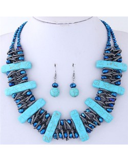 Turquiose Bars and Crystal Balls Combo Design Dual Layers Costume Necklace and Earrings Set and Earrings Set - Blue