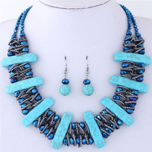 Turquiose Bars and Crystal Balls Combo Design Dual Layers Costume Necklace and Earrings Set and Earrings Set - Blue