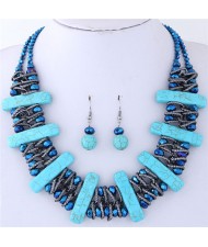 Turquiose Bars and Crystal Balls Combo Design Dual Layers Costume Necklace and Earrings Set and Earrings Set - Blue