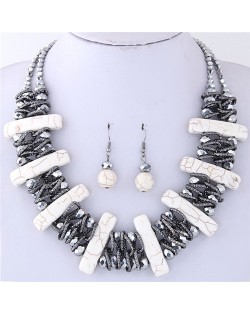 Turquiose Bars and Crystal Balls Combo Design Dual Layers Costume Necklace and Earrings Set - White