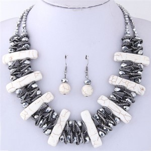 Turquiose Bars and Crystal Balls Combo Design Dual Layers Costume Necklace and Earrings Set - White
