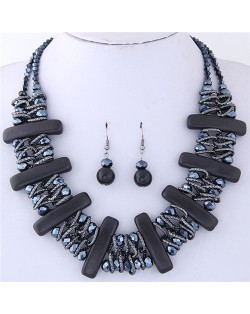 Turquiose Bars and Crystal Balls Combo Design Dual Layers Costume Necklace and Earrings Set - Black