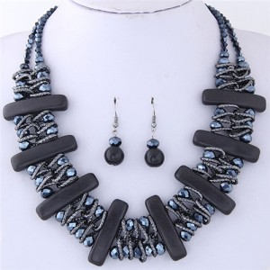 Turquiose Bars and Crystal Balls Combo Design Dual Layers Costume Necklace and Earrings Set - Black