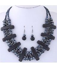 Turquiose Bars and Crystal Balls Combo Design Dual Layers Costume Necklace and Earrings Set - Black