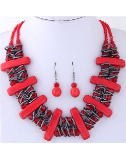 Turquiose Bars and Crystal Balls Combo Design Dual Layers Costume Necklace and Earrings Set - Red