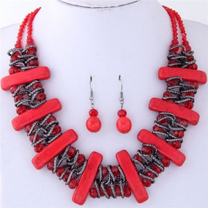 Turquiose Bars and Crystal Balls Combo Design Dual Layers Costume Necklace and Earrings Set - Red