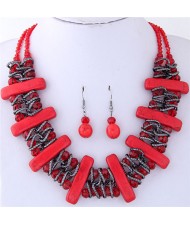 Turquiose Bars and Crystal Balls Combo Design Dual Layers Costume Necklace and Earrings Set - Red