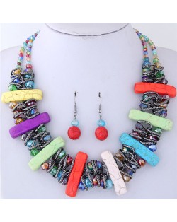 Turquiose Bars and Crystal Balls Combo Design Dual Layers Costume Necklace and Earrings Set - Multicolor