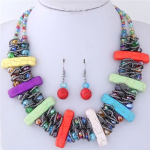 Turquiose Bars and Crystal Balls Combo Design Dual Layers Costume Necklace and Earrings Set - Multicolor