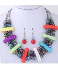Turquiose Bars and Crystal Balls Combo Design Dual Layers Costume Necklace and Earrings Set - Multicolor
