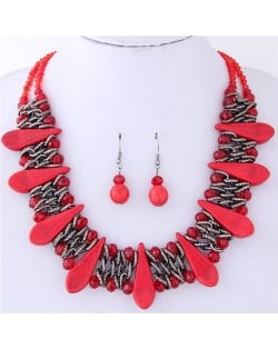 Turquiose Waterdrops and Crystal Beads Inlaid Chunky Costume Necklace and Earrings Set - Red