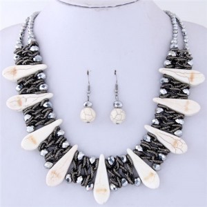 Turquiose Waterdrops and Crystal Beads Inlaid Chunky Costume Necklace and Earrings Set - White