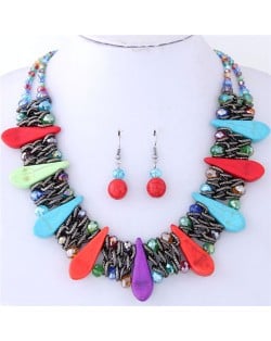 Turquiose Waterdrops and Crystal Beads Inlaid Chunky Costume Necklace and Earrings Set - Multicolor