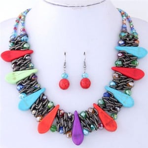 Turquiose Waterdrops and Crystal Beads Inlaid Chunky Costume Necklace and Earrings Set - Multicolor