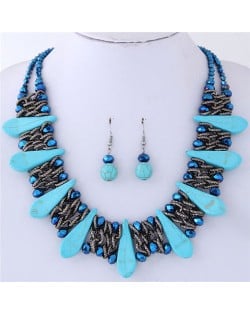 Turquiose Waterdrops and Crystal Beads Inlaid Chunky Costume Necklace and Earrings Set - Blue