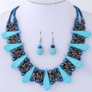 Turquiose Waterdrops and Crystal Beads Inlaid Chunky Costume Necklace and Earrings Set - Blue
