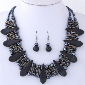 Turquiose Waterdrops and Crystal Beads Inlaid Chunky Costume Necklace and Earrings Set - Black