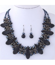 Turquiose Waterdrops and Crystal Beads Inlaid Chunky Costume Necklace and Earrings Set - Black