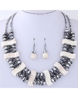 Dimensional S Shape Turquiose Bars and Crystal Balls Dual Layers Costume Necklace and Earrings Set - White
