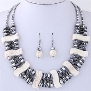 Dimensional S Shape Turquiose Bars and Crystal Balls Dual Layers Costume Necklace and Earrings Set - White