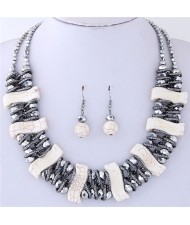 Dimensional S Shape Turquiose Bars and Crystal Balls Dual Layers Costume Necklace and Earrings Set - White