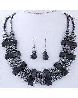 Dimensional S Shape Turquiose Bars and Crystal Balls Dual Layers Costume Necklace and Earrings Set - Black