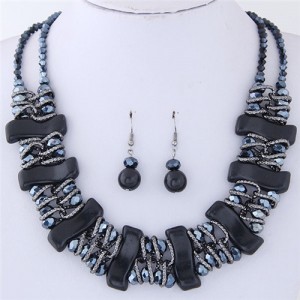 Dimensional S Shape Turquiose Bars and Crystal Balls Dual Layers Costume Necklace and Earrings Set - Black