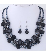 Dimensional S Shape Turquiose Bars and Crystal Balls Dual Layers Costume Necklace and Earrings Set - Black
