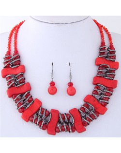 Dimensional S Shape Turquiose Bars and Crystal Balls Dual Layers Costume Necklace and Earrings Set - Red