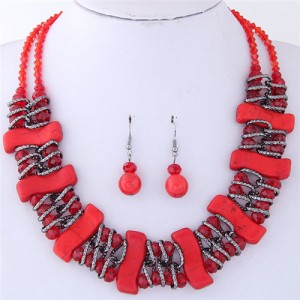 Dimensional S Shape Turquiose Bars and Crystal Balls Dual Layers Costume Necklace and Earrings Set - Red