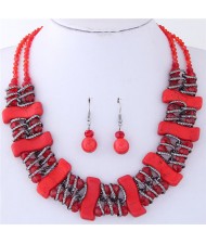 Dimensional S Shape Turquiose Bars and Crystal Balls Dual Layers Costume Necklace and Earrings Set - Red