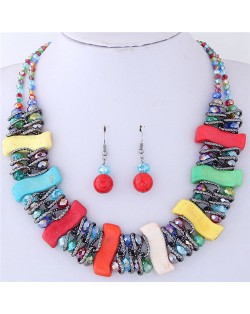 Dimensional S Shape Turquiose Bars and Crystal Balls Dual Layers Costume Necklace and Earrings Set - Multicolor