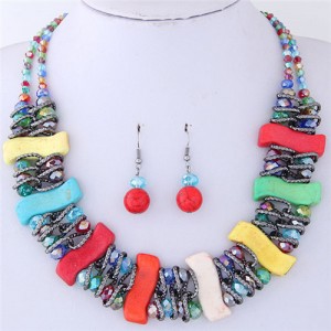 Dimensional S Shape Turquiose Bars and Crystal Balls Dual Layers Costume Necklace and Earrings Set - Multicolor
