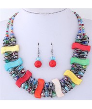 Dimensional S Shape Turquiose Bars and Crystal Balls Dual Layers Costume Necklace and Earrings Set - Multicolor