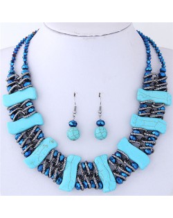 Dimensional S Shape Turquiose Bars and Crystal Balls Dual Layers Costume Necklace and Earrings Set - Blue