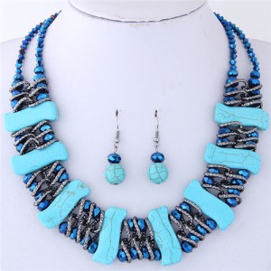 Dimensional S Shape Turquiose Bars and Crystal Balls Dual Layers Costume Necklace and Earrings Set - Blue