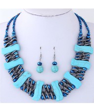 Dimensional S Shape Turquiose Bars and Crystal Balls Dual Layers Costume Necklace and Earrings Set - Blue