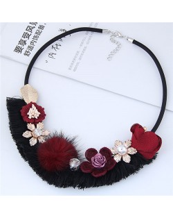 Assorted Flowers Decorated Cloth Fashion Necklace - Red