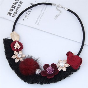 Assorted Flowers Decorated Cloth Fashion Necklace - Red