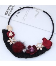Assorted Flowers Decorated Cloth Fashion Necklace - Red