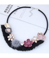 Assorted Flowers Decorated Cloth Fashion Necklace - Gray