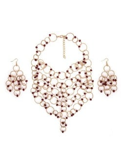 Beads Decorated Linked Rings Vintage Fashion Costume Necklace and Earrings Set - Red