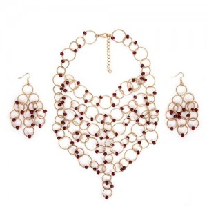 Beads Decorated Linked Rings Vintage Fashion Costume Necklace and Earrings Set - Red