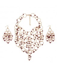 Beads Decorated Linked Rings Vintage Fashion Costume Necklace and Earrings Set - Red