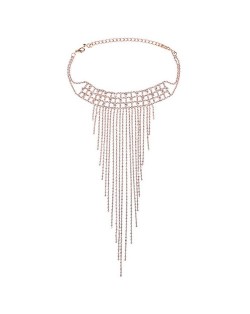 Rhinestone Embellished Long Tassel Glistening Design Choker Fashion Necklace - Golden