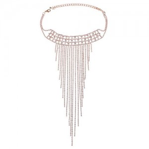 Rhinestone Embellished Long Tassel Glistening Design Choker Fashion Necklace - Golden