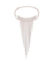 Rhinestone Embellished Long Tassel Glistening Design Choker Fashion Necklace - Golden