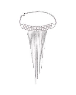 Rhinestone Embellished Long Tassel Glistening Design Choker Fashion Necklace - Silver